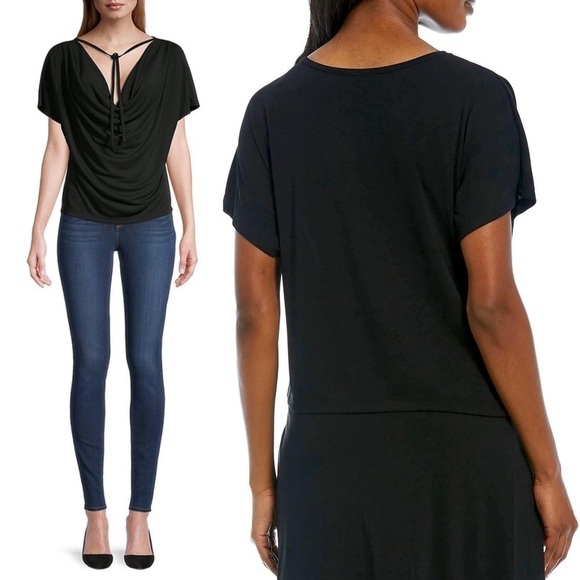 DONNA KARAN Short Sleeve Draped Cowl Neck Tie Front Relaxed Ballet Blouse L/XL - Picture 2 of 9